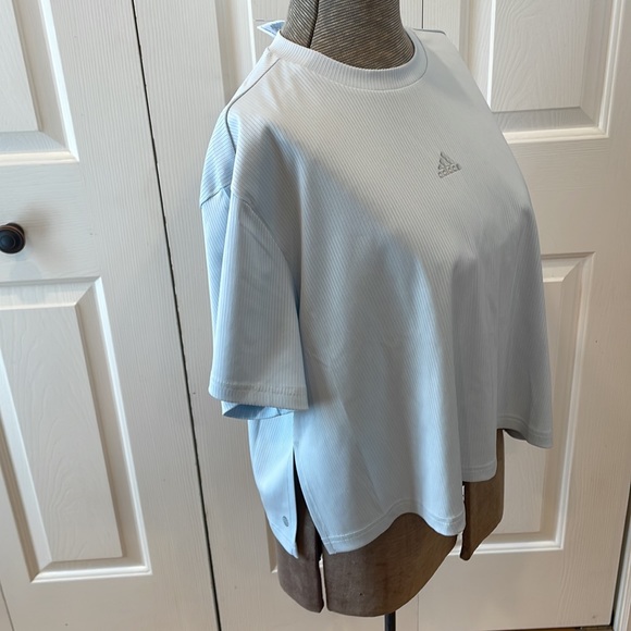 Adidas by Zoe Saldana light blue tint w/ silver logo UFORU athletic crop top - Picture 2 of 8